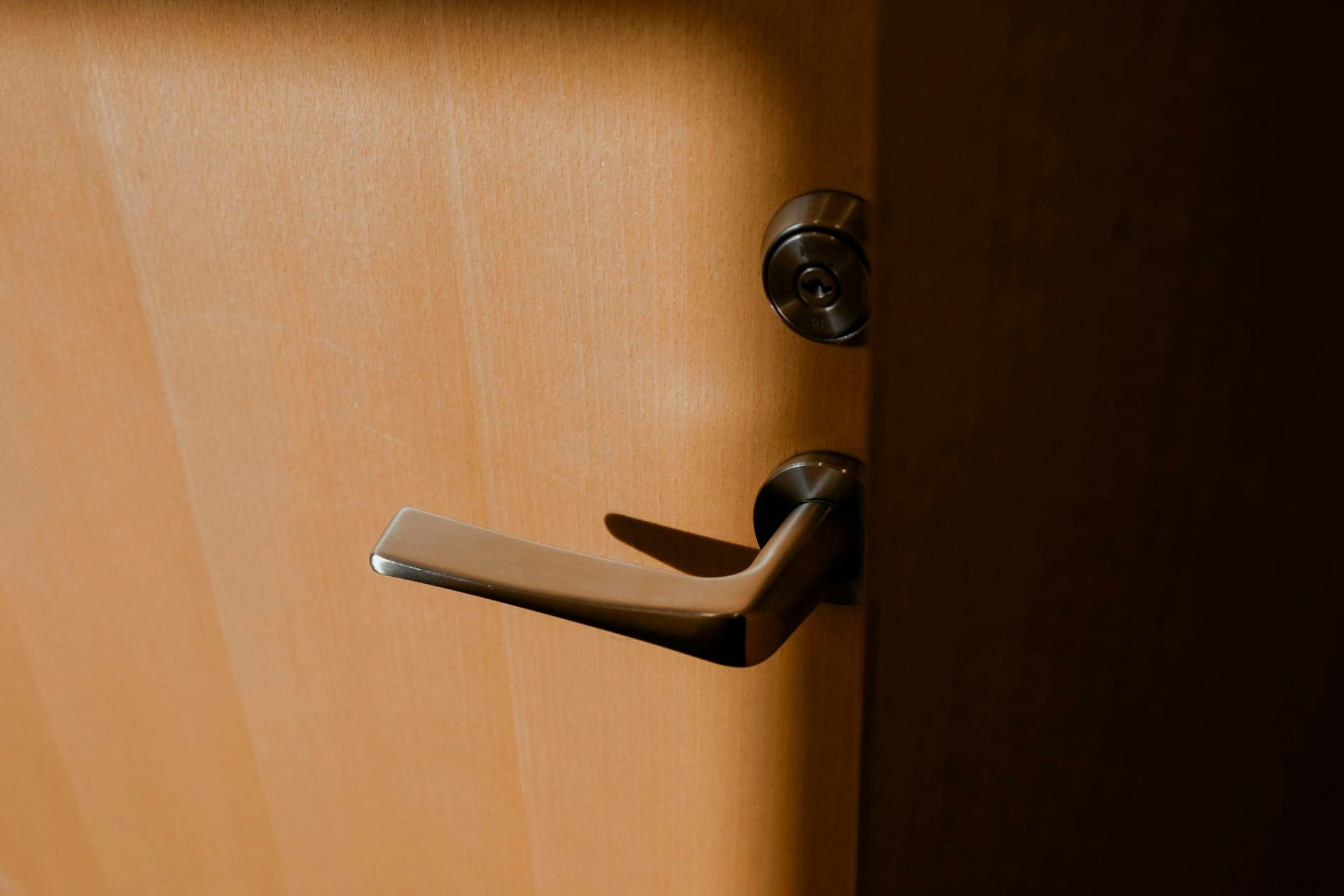 Steel lever door handle on a pale wooden door