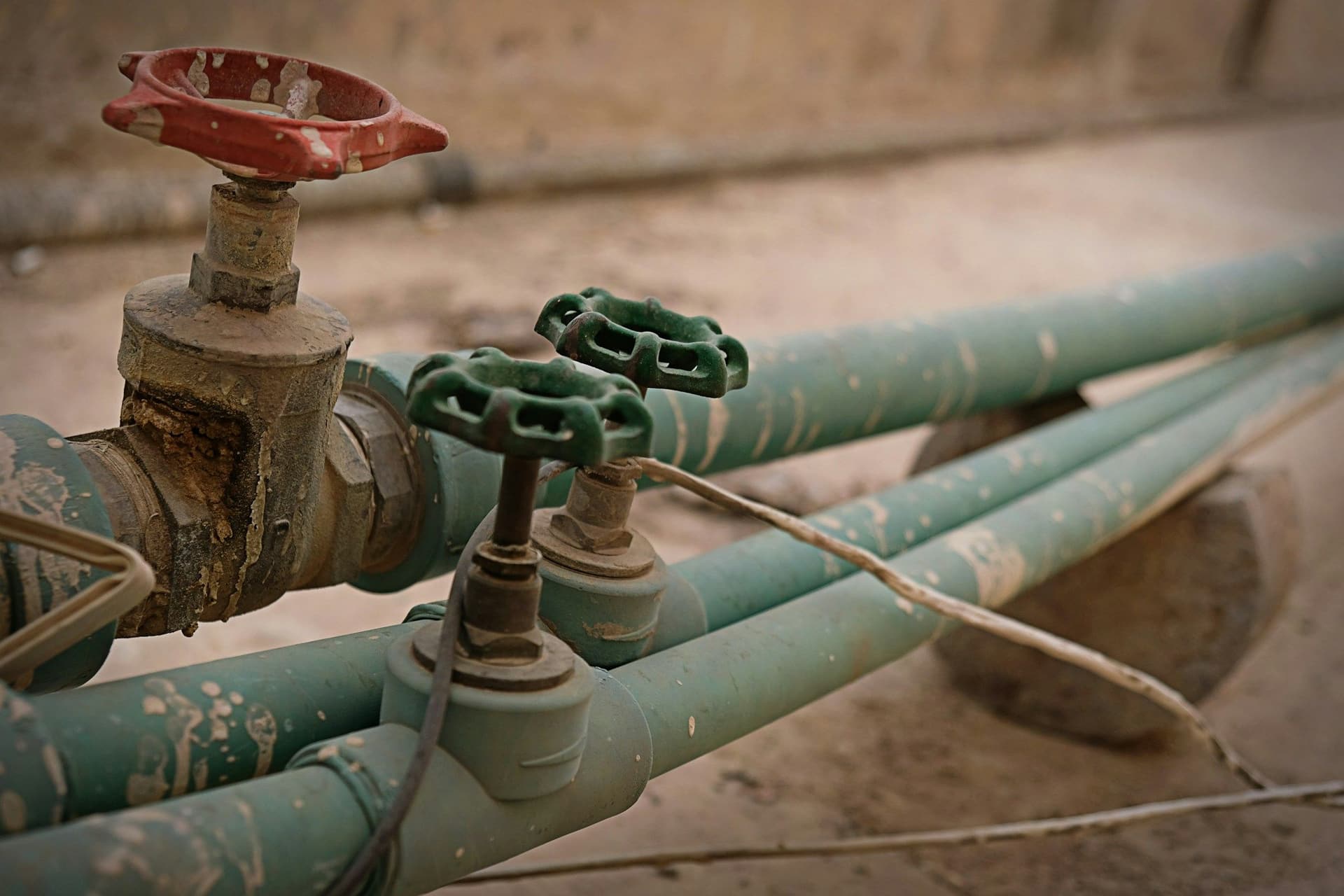 Green water pipes with red and green valve handwheels laid out on a sandy surface