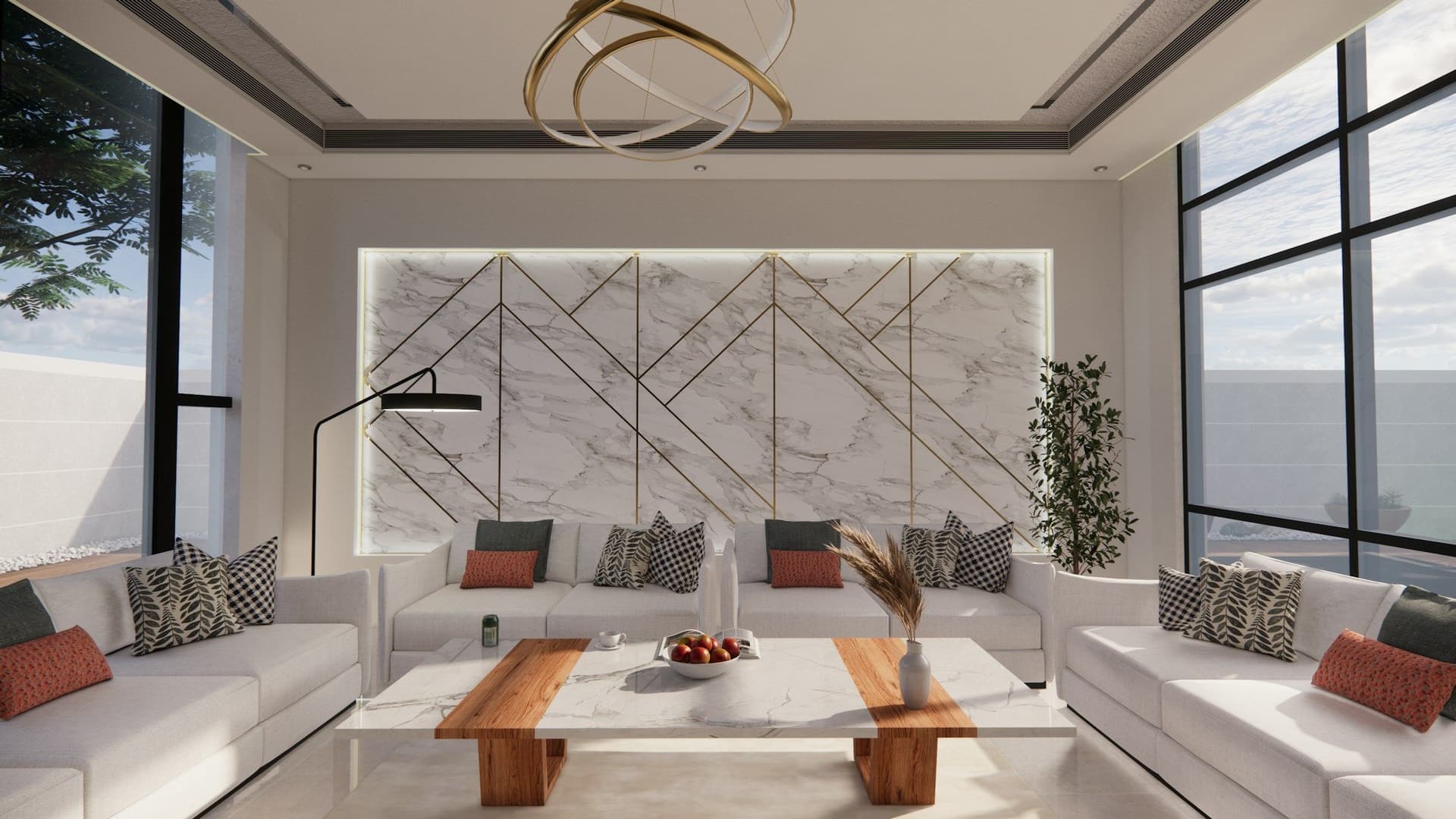 Lounge with long white sofas along the walls, a wooden coffee table and a marble feature wall
