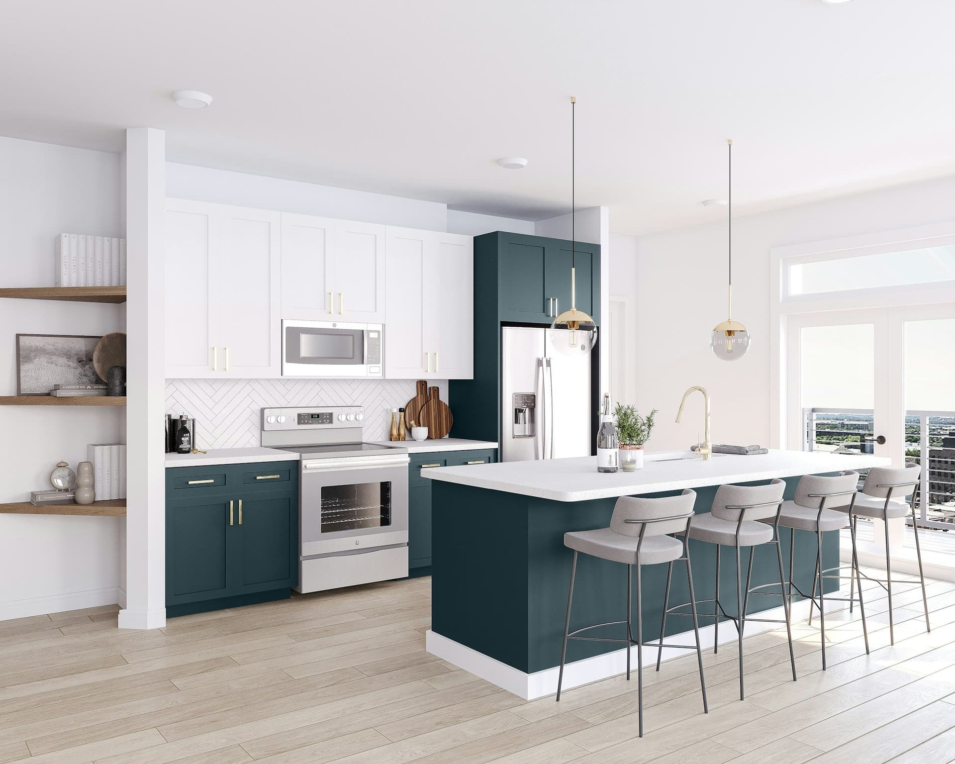 Modern kitchen with a teal island, white cabinets and a light plank floor