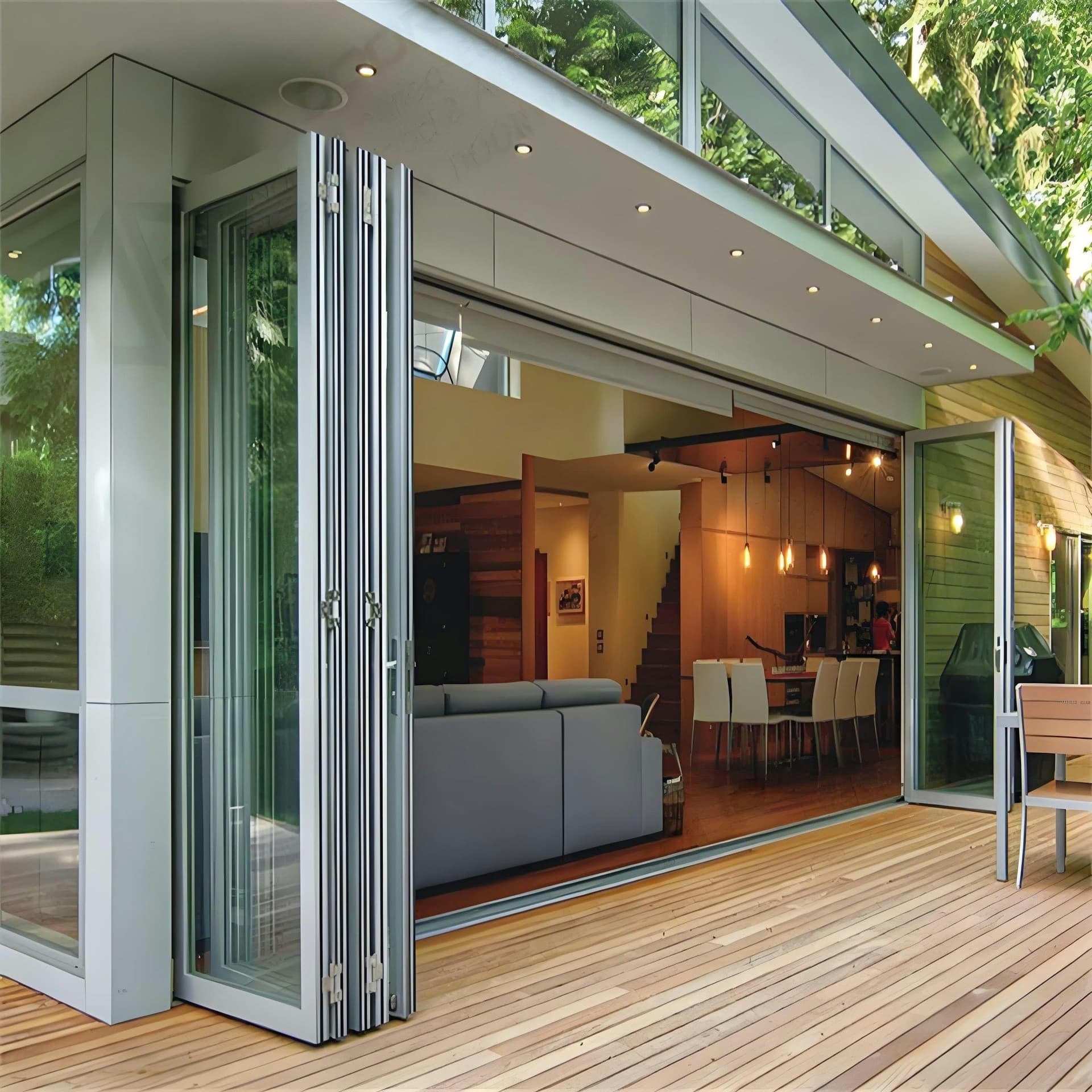 A living room with folding glass doors opened onto a timber deck, with a sofa and dining area inside